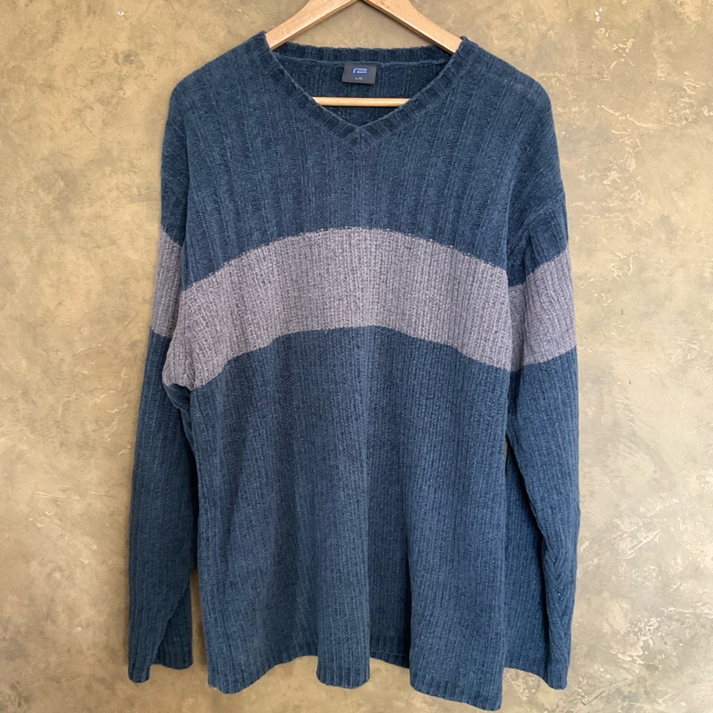 Vintage Randy River | Y2K Chenille V-Neck Sweater | Blue & Grey | Large